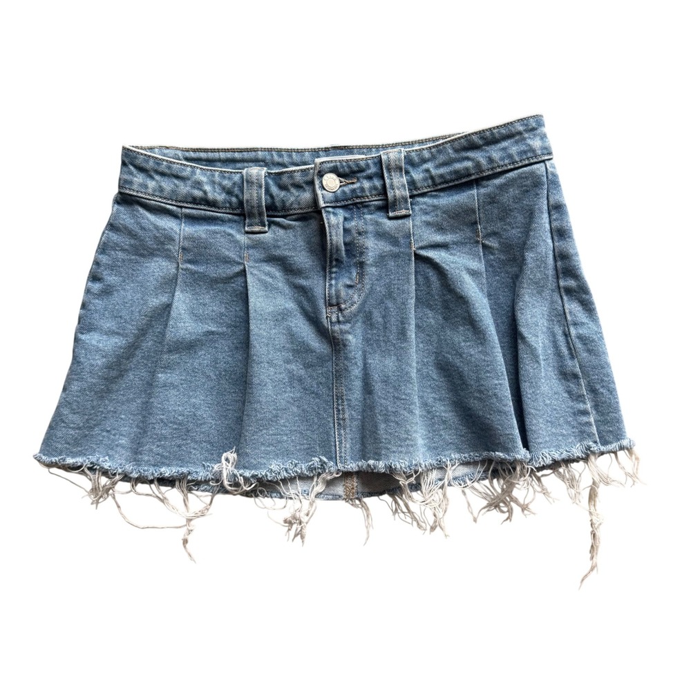 Cello Jeans Light Wash Pleated Denim Mini Skirt Preppy Y2K Aesthetic Frayed Raw